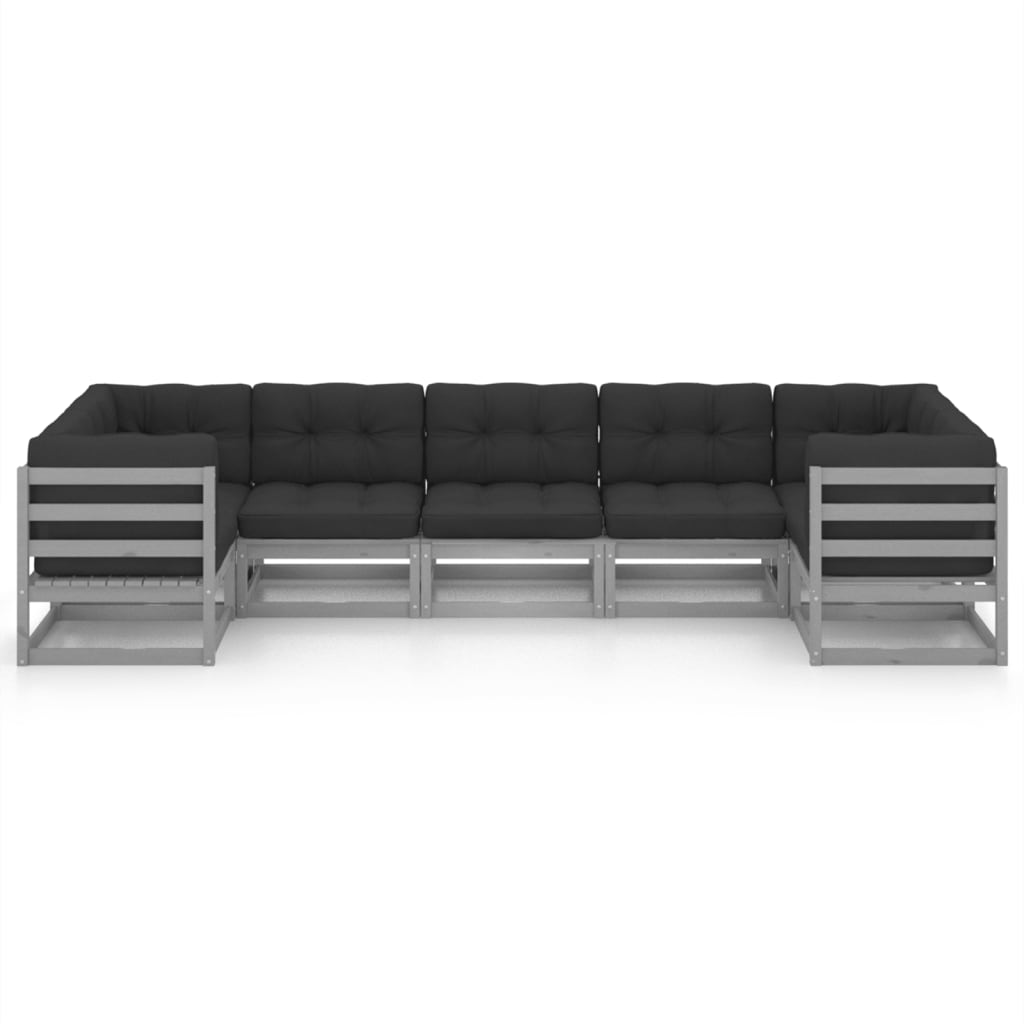 7-tlg. Garten-Lounge-Set mit Kissen Grau Kiefer Massivholz
